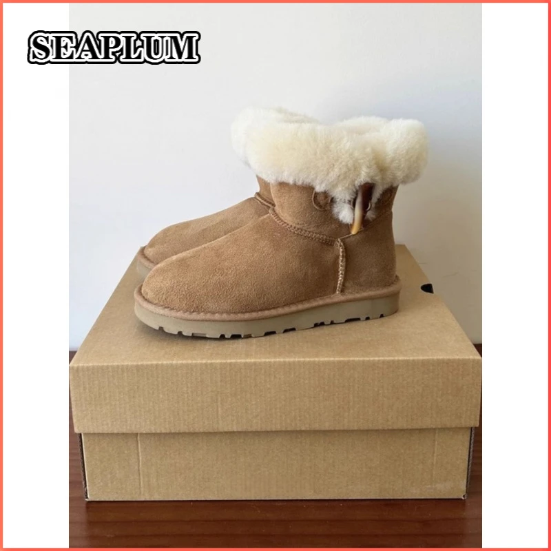 SEAPLUM羊皮毛一体真皮纯羊毛一粒牛角扣雪地靴女短筒短靴大棉鞋