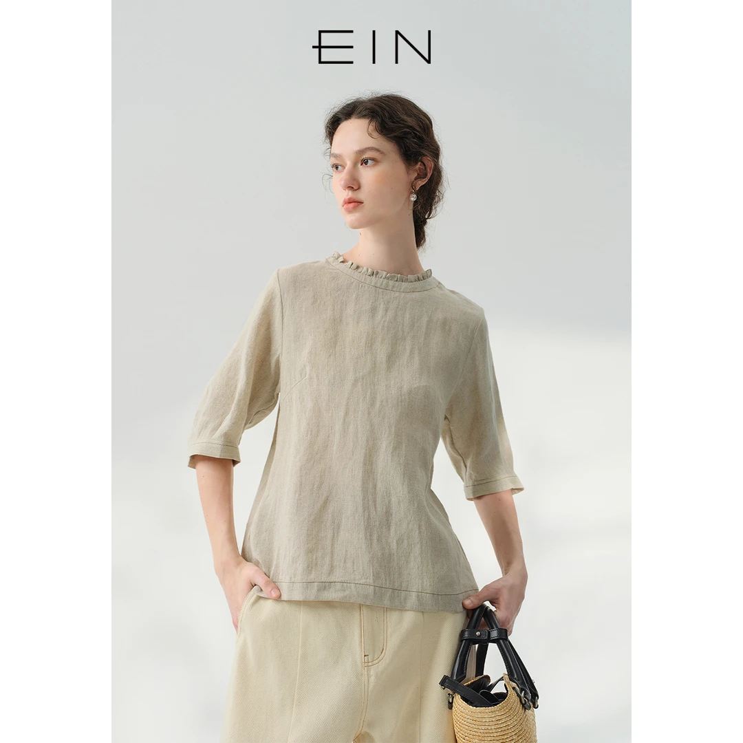 EIN/言文艺轻舒亚麻木耳花边圆领造型感泡泡袖短上衣25夏新款