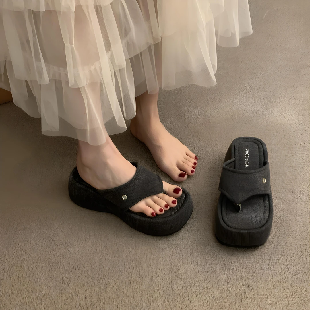 松糕厚底牛仔布夹脚人字拖鞋女鞋子外穿新款夏季坡跟凉拖凉鞋