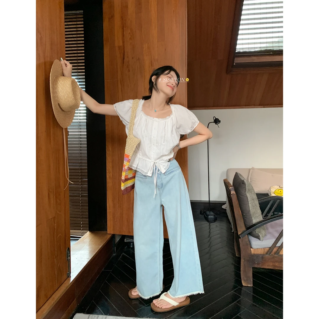 【西西里安】牛仔收藏家~韩版毛边设计浅蓝调直筒牛仔裤