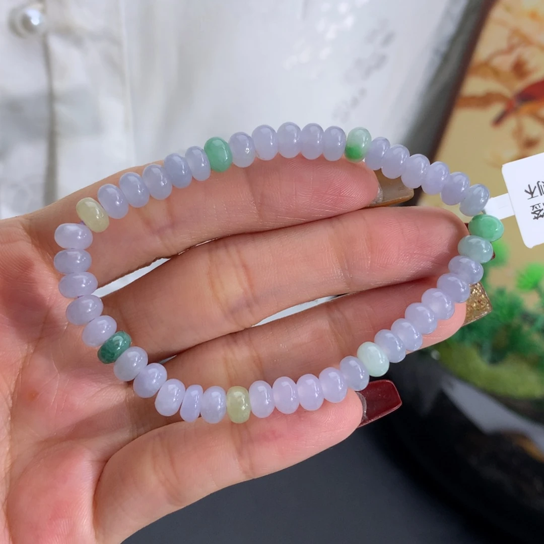 翡翠未镶嵌手串卡5.9胶润紫算盘手串