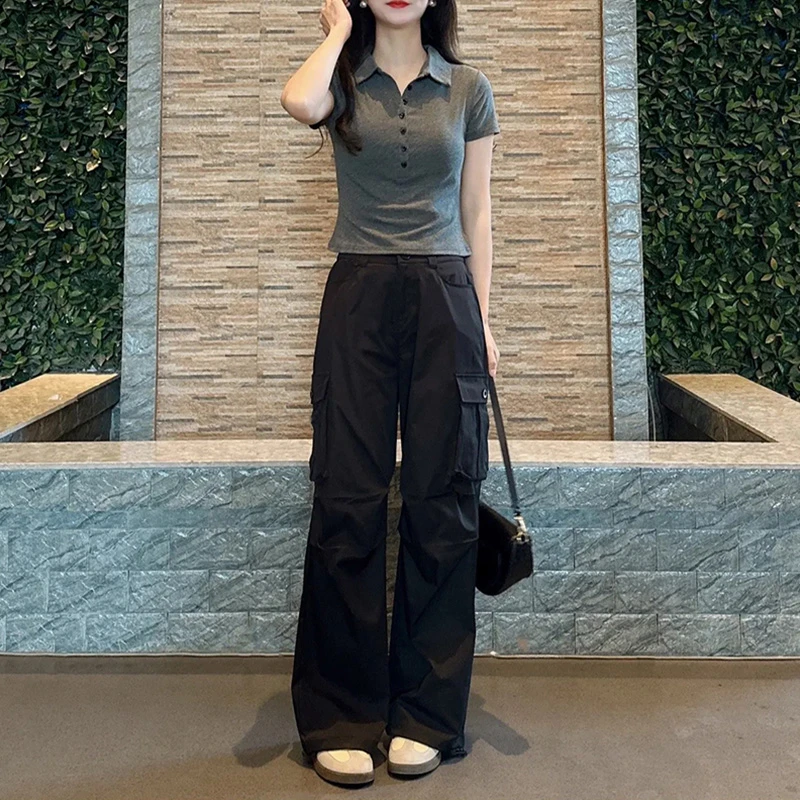 气质修身Polo领t恤短款上衣套装女夏季显瘦阔腿工装休闲裤两件套