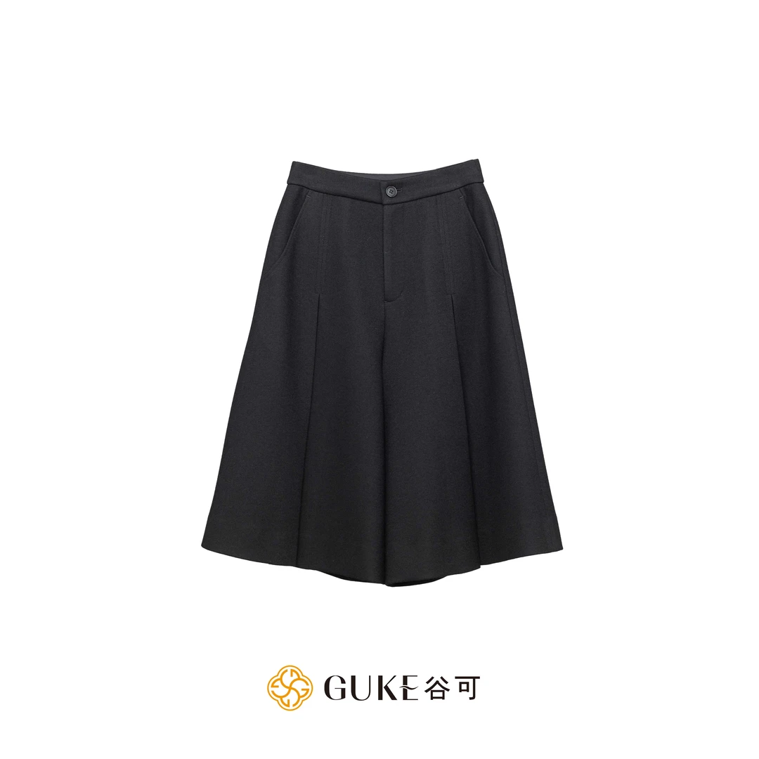 GKE/谷可K1056羊毛阔腿裙裤2025秋季新款女士高腰显瘦休闲七分裤