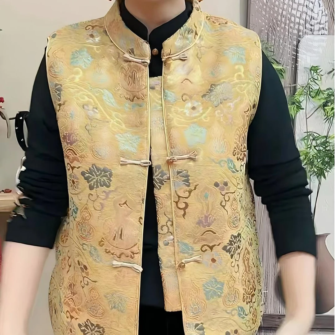 新中式提花夹棉马甲女冬季保暖刺绣国风盘扣加厚宽松百搭坎肩背心