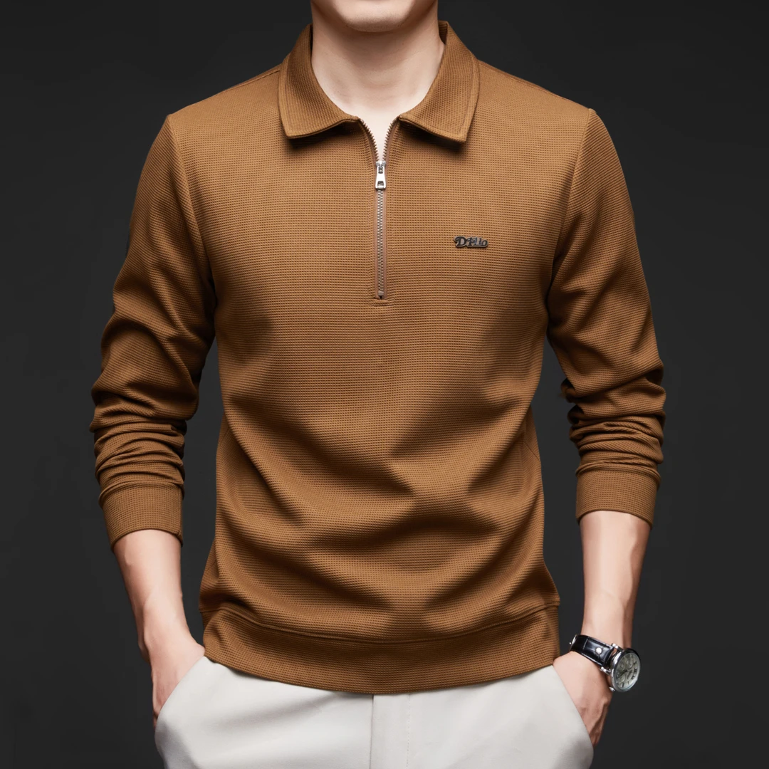 秋季新款男士长袖卫衣时尚休闲翻领半拉链门襟纯色百搭上衣男透气