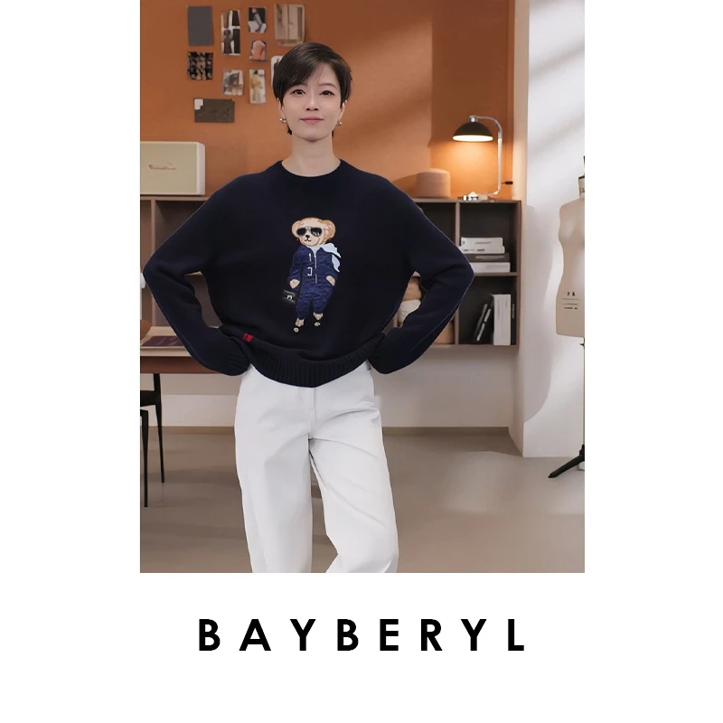 BAYBERYL老贝墨镜小熊*刺绣圆领羊绒针织衫ZZS5G0242-10/18