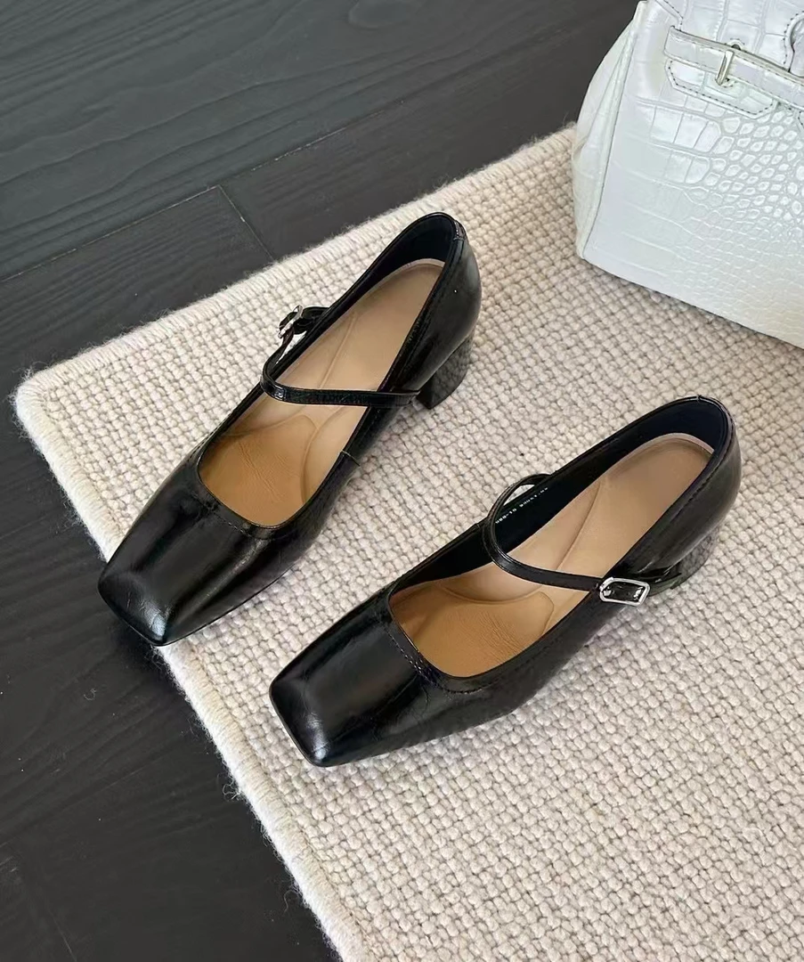 楚宸®春季方头通用皮鞋复古甜美风方根高跟鞋玛丽珍鞋