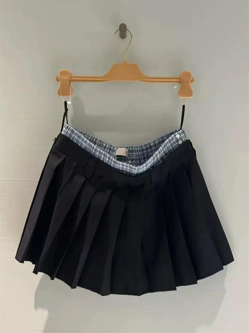 MM欧韩a字版精品25春夏新款格子拼接百褶裙黑色短裙裙子半裙羊毛