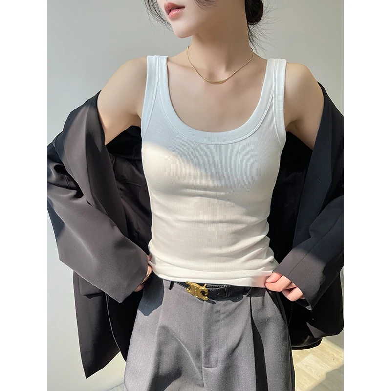 白色外穿吊带背心女夏外穿2025新款修身螺纹打底内搭无袖工字上衣