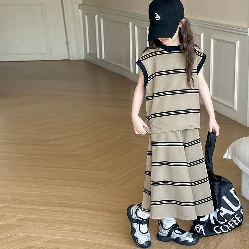 女童套装夏装2025新款女大童韩版无袖背心儿童八分裙裤初中生衣服