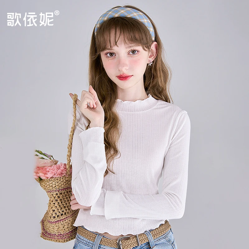 歌依妮秋季新款女甜美白色纯色薄款百搭立领木耳边打底衫长袖T恤