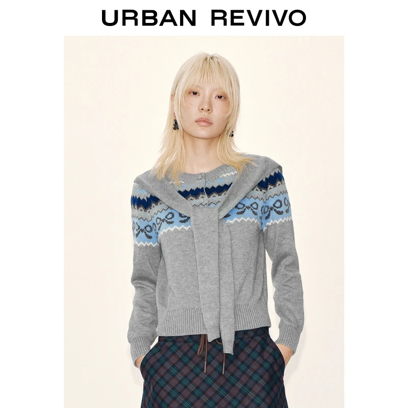 UR2026春季新款女装休闲费尔岛假两件绑带针织开衫UYL950264