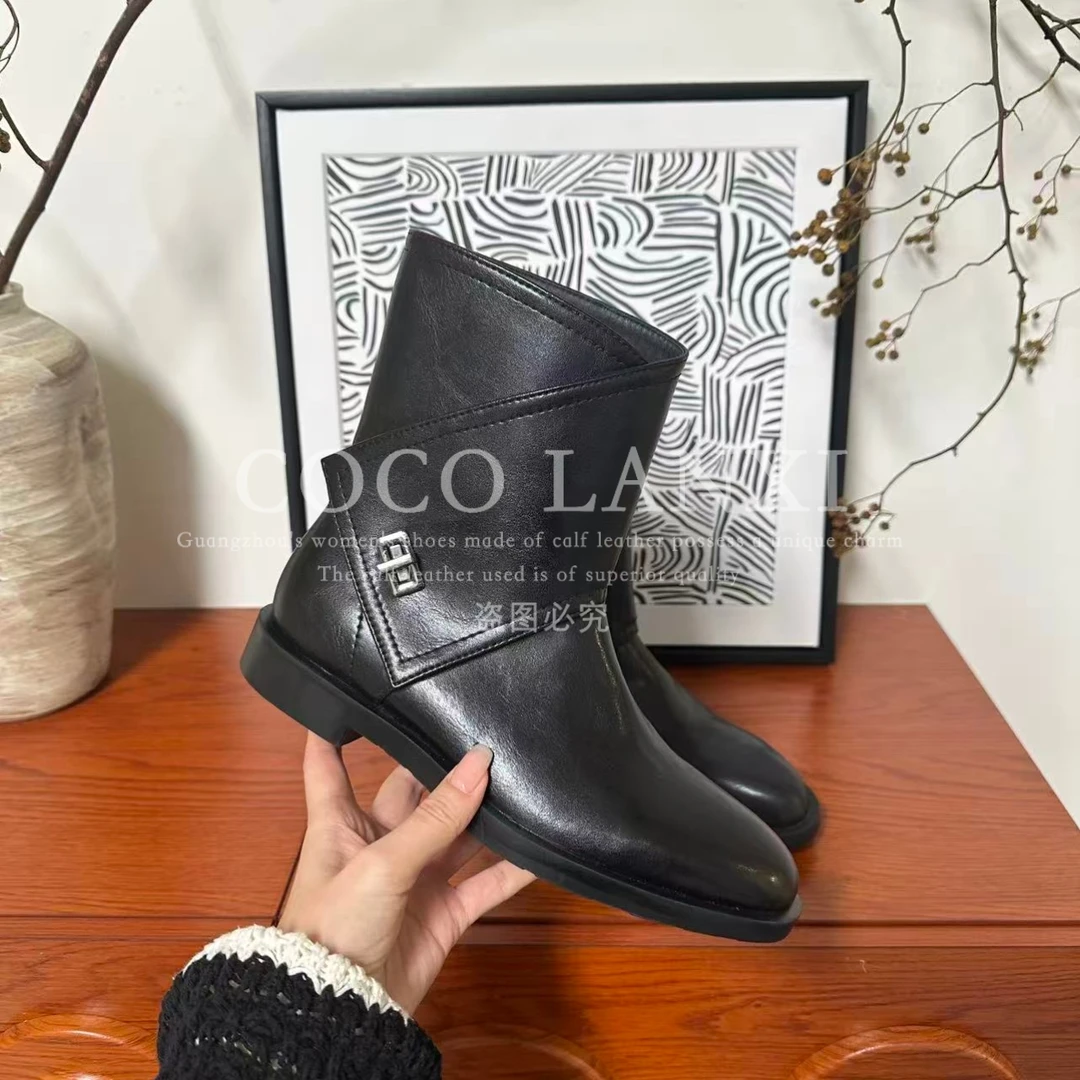 【晚风】优雅气质时尚百搭软底舒适真皮粗跟中筒秋冬短靴24XZ574LX