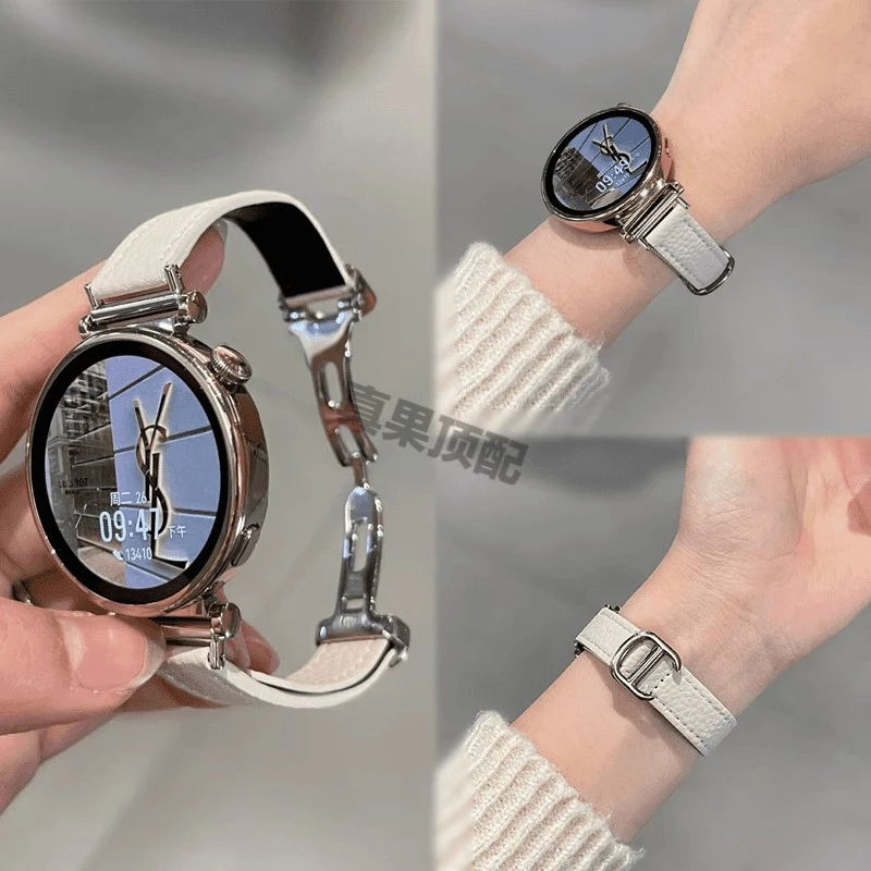 适用华为gt5手表表带gt4荔枝纹真皮gt3卡地亚扣watch4pro女款腕带