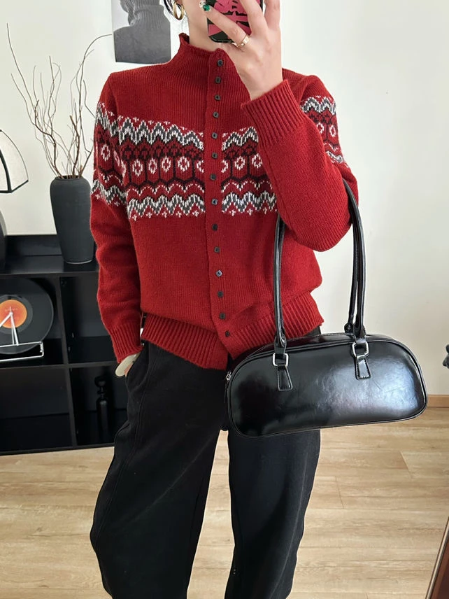 2025新年秋冬新款红色毛衣开衫宽松显瘦针织衫打底休闲女洋气外搭