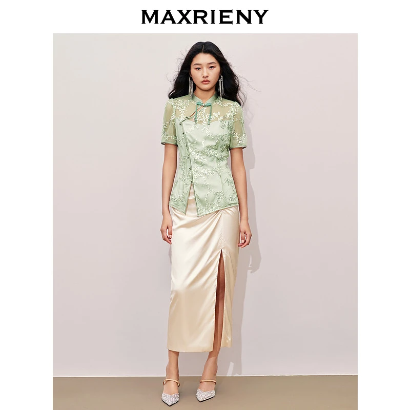 MAXRIENY【商场同款】国风华丽立体钉珠刺绣新中式上衣2025夏季新款