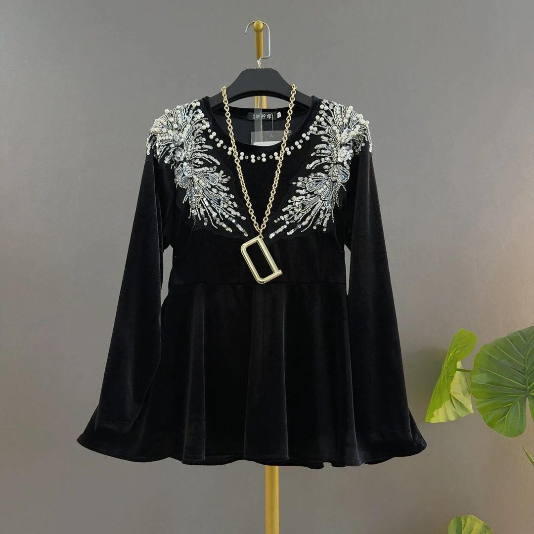 法式时尚圆领重工钉珠宽松丝绒黑色长袖大码洋气女装内搭打底衫