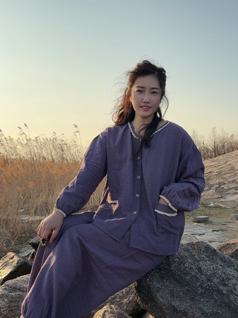 【弘雪】 全棉双层纱女款长袖家居服起居紫色百搭睡衣套装