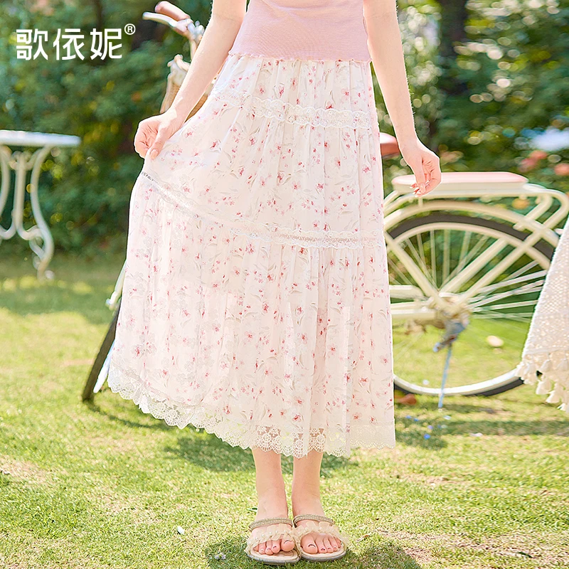 夏季新款女甜美温柔a字裙碎花百褶裙蕾丝雪纺裙子半身长裙半身裙