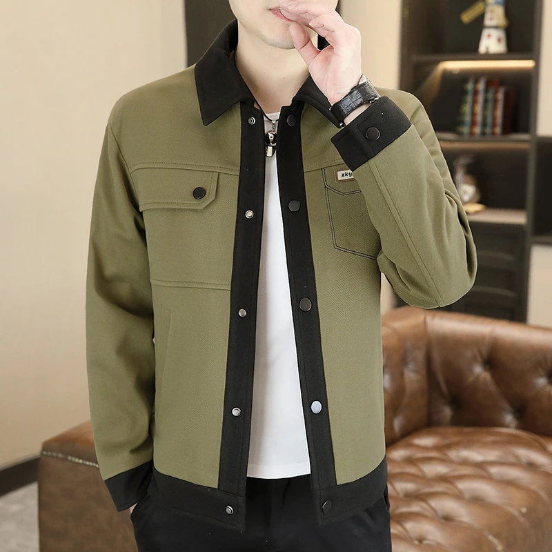 高档撞色翻领夹克外套男士春季新款潮流时尚百搭上衣品质男装501