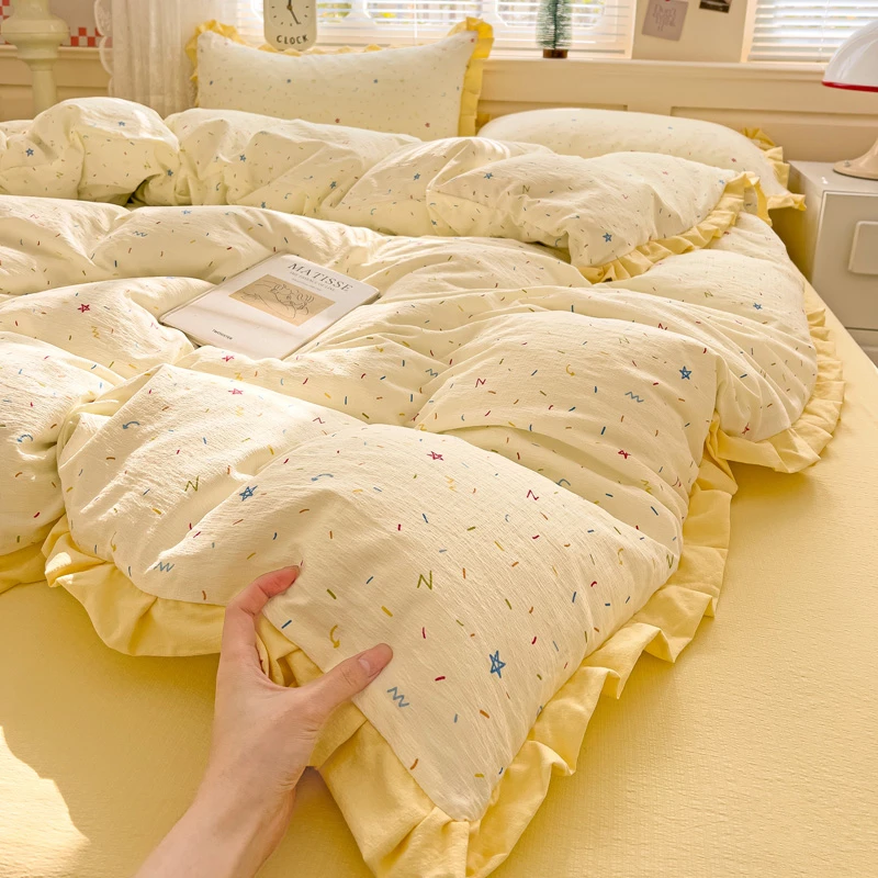 A类云感双层纱四件套针织印花四件套花边被套少女粉床品套件