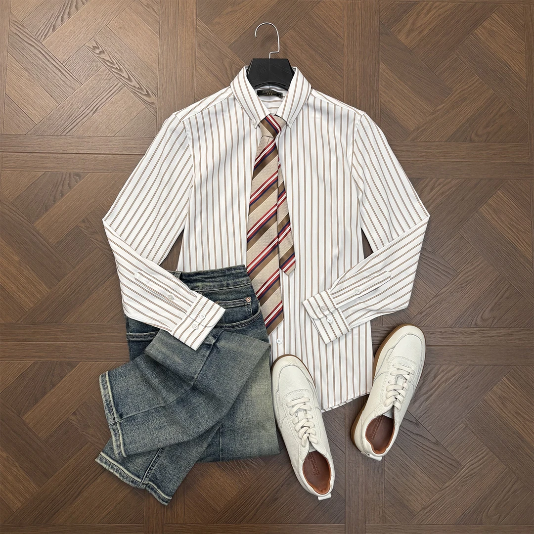 LANSIM·男士商务轻奢黑色条纹衬衣休闲免烫抗皱修身衬衫长袖