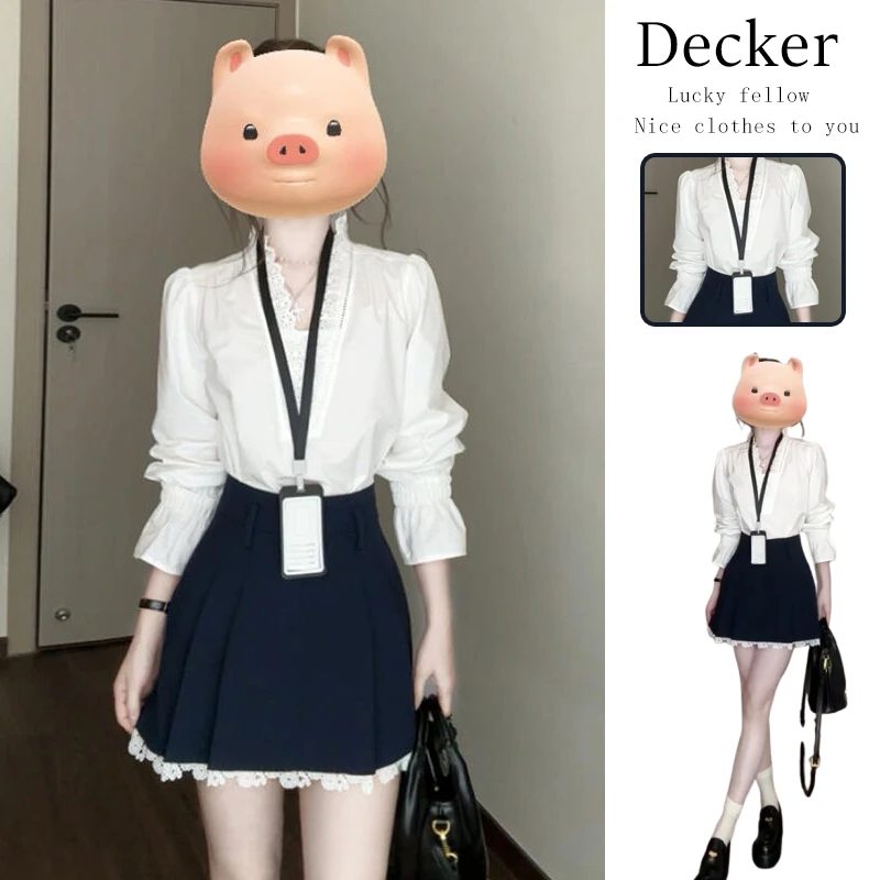 2025春季时尚穿搭一整套女法式蕾丝拼接衬衫时尚设计感短裙两件套