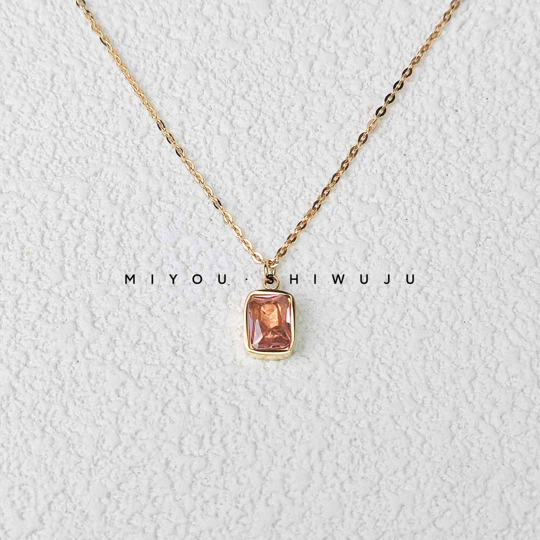 钛钢项链 【小粉钻】简约百搭气质金色坠链镶嵌粉色