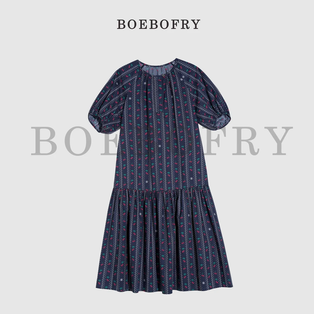 BOEBOFRY<绯樱绮纹>夏季100%棉宽松圆领复古气质连衣裙BE2L0993下