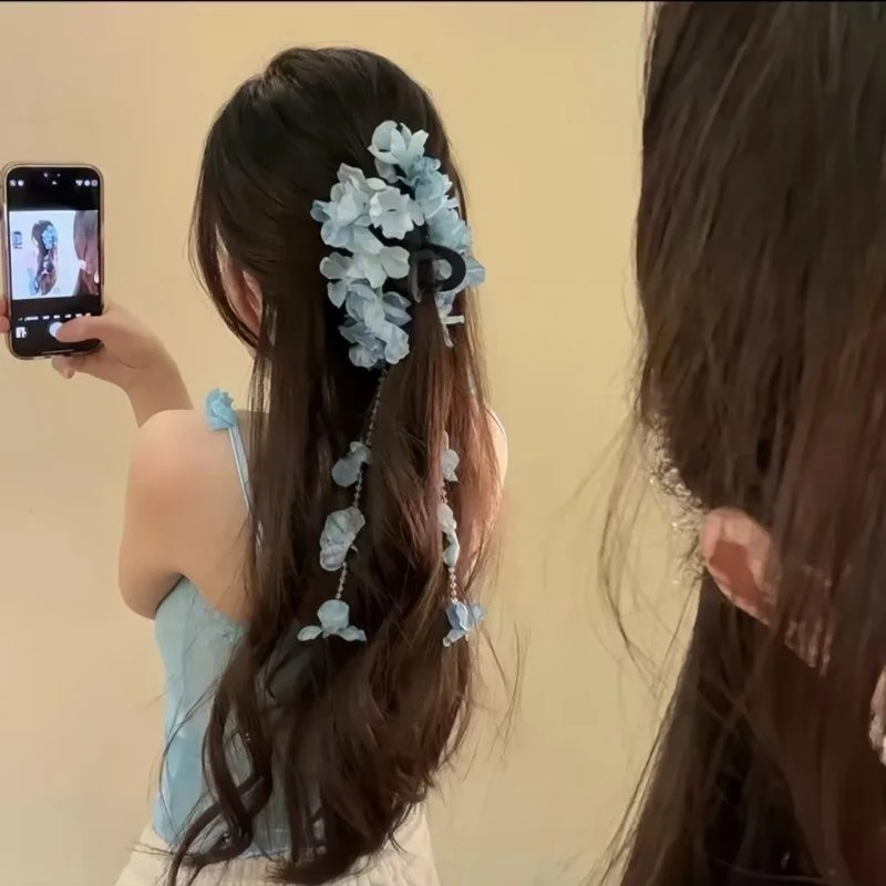 欧若风花间瀑布春季流苏绣球花抓夹后脑勺发夹蓝色绣球头饰潮发卡