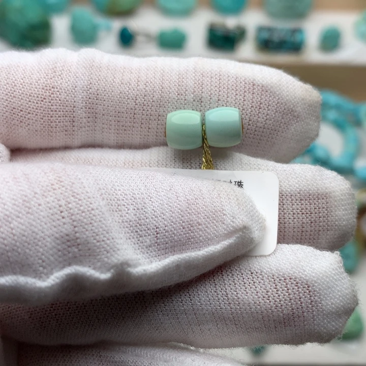 绿松石未镶嵌珠宝奇石菜籽黄直切对珠6.7mm