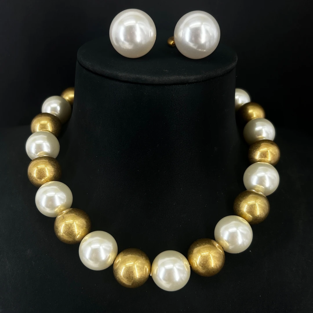 合金仿珍珠项链 中古风手工项链耳钩一套/S337+S195