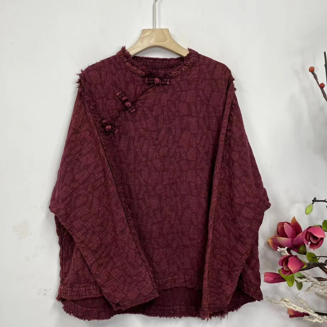 花璟原创设计复古炒色立领斜襟盘扣拉毛小衫（衣长64-72胸围146）