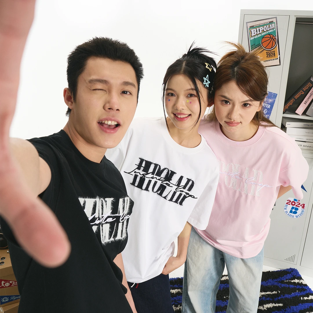 BIPOLAR长毛提花绣欧若风纯棉宽松情侣短袖T恤11k019