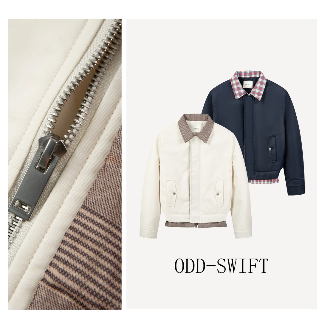 odd-swift哈灵顿拼接格纹撞色夹棉夹克外套-ODD8628