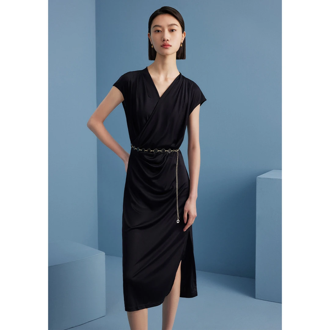 【王小专享】纯色V领醋酸开叉连衣裙连衣裙中长裙M534000898