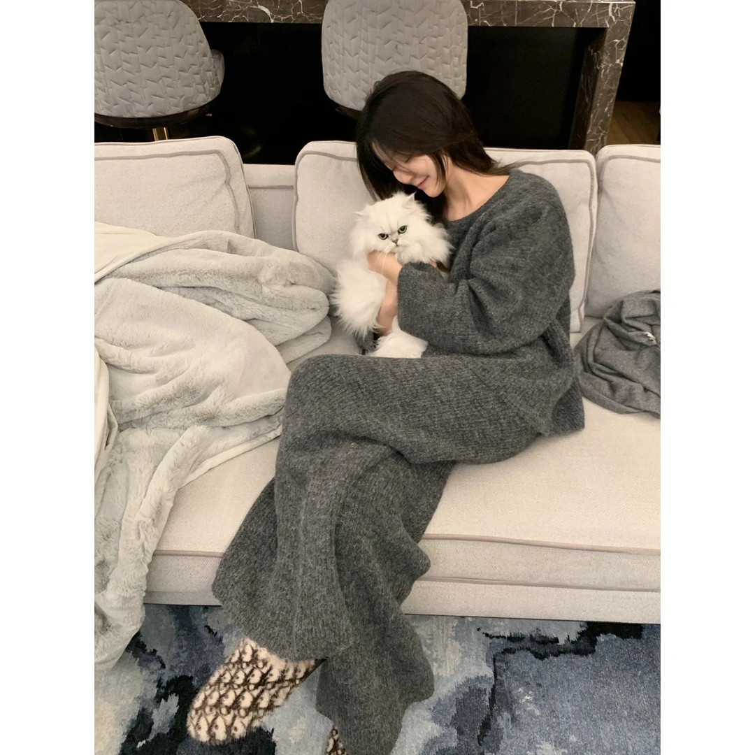 韩系高级纯色半边绒睡衣女加绒加厚冬季新款毛绒针织大码居家套装