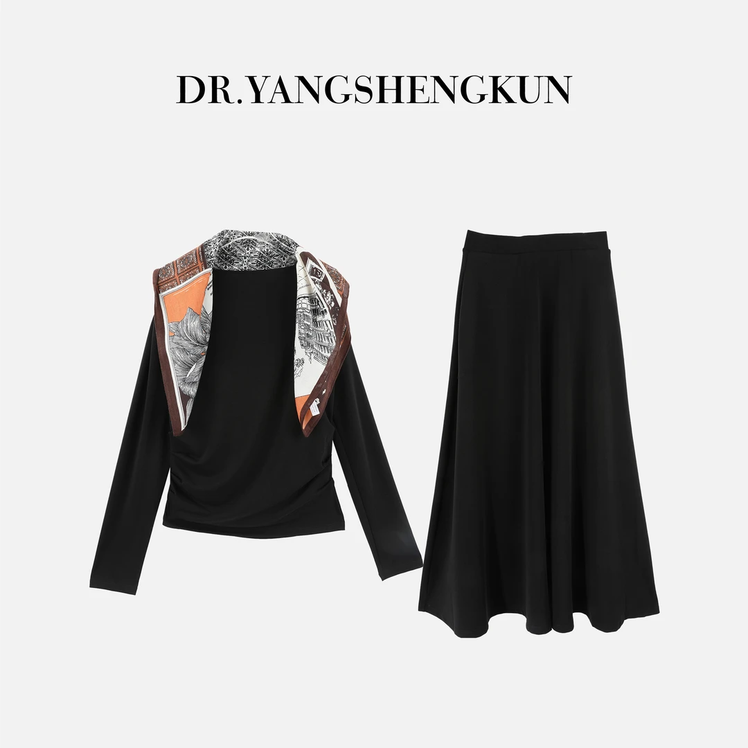 杨圣坤2025新品女士时尚荡领长袖T恤+大摆半身裙套装SL2583051
