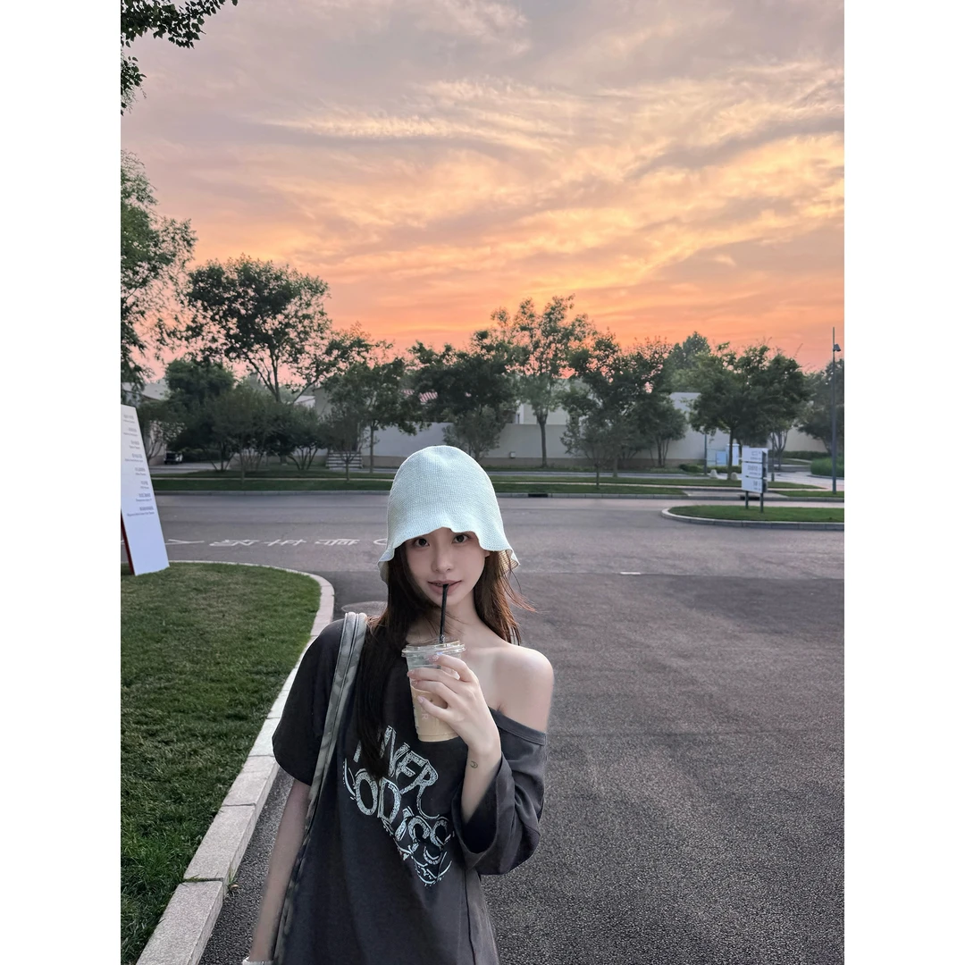 慵懒oversize斜肩印花T恤L  8933#