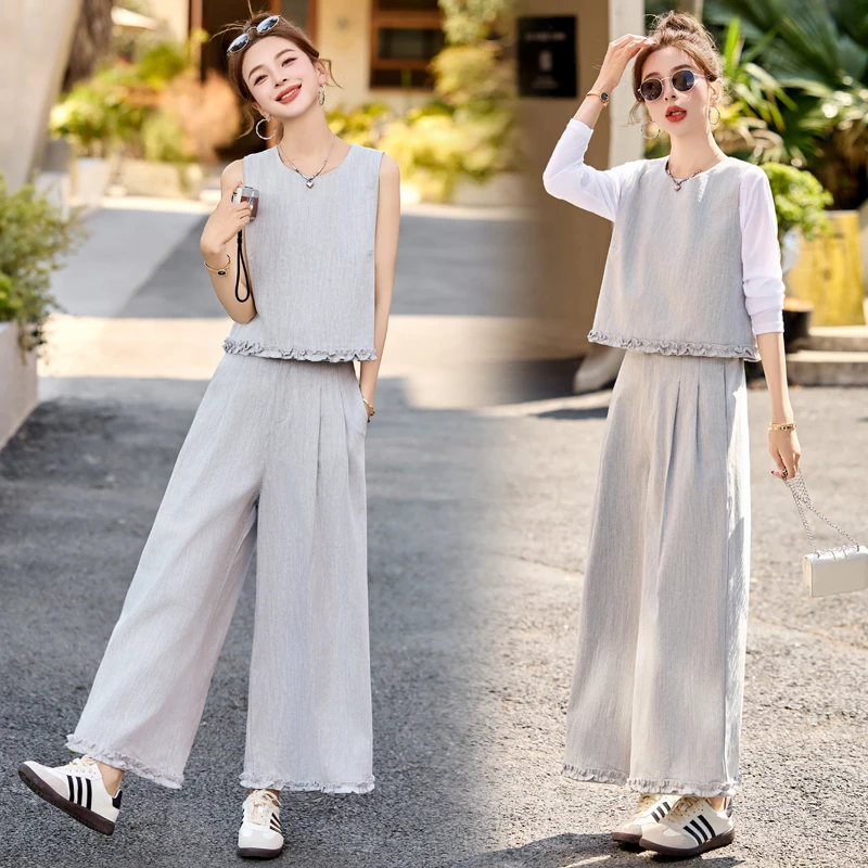 木耳花边拼接牛仔马甲套装女2025年春季新款洋气减龄阔腿裤三件套