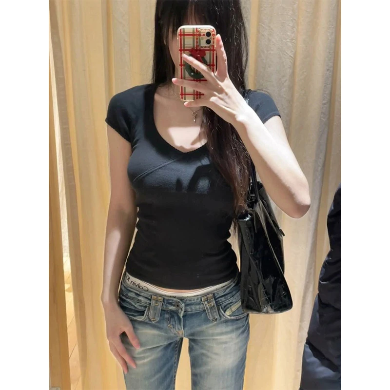 小众别致设计感花边V领纯棉短袖T恤女纯欲辣妹修身显瘦短款上衣夏