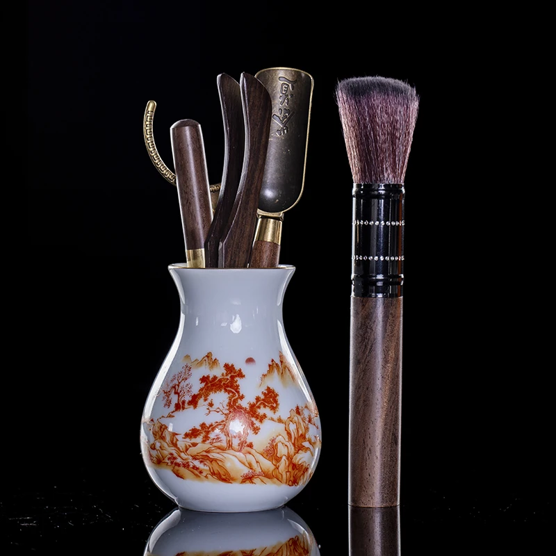 影青山水描金茶道六君子功夫茶具实木黑檀茶笔茶夹茶勺配件茶筒