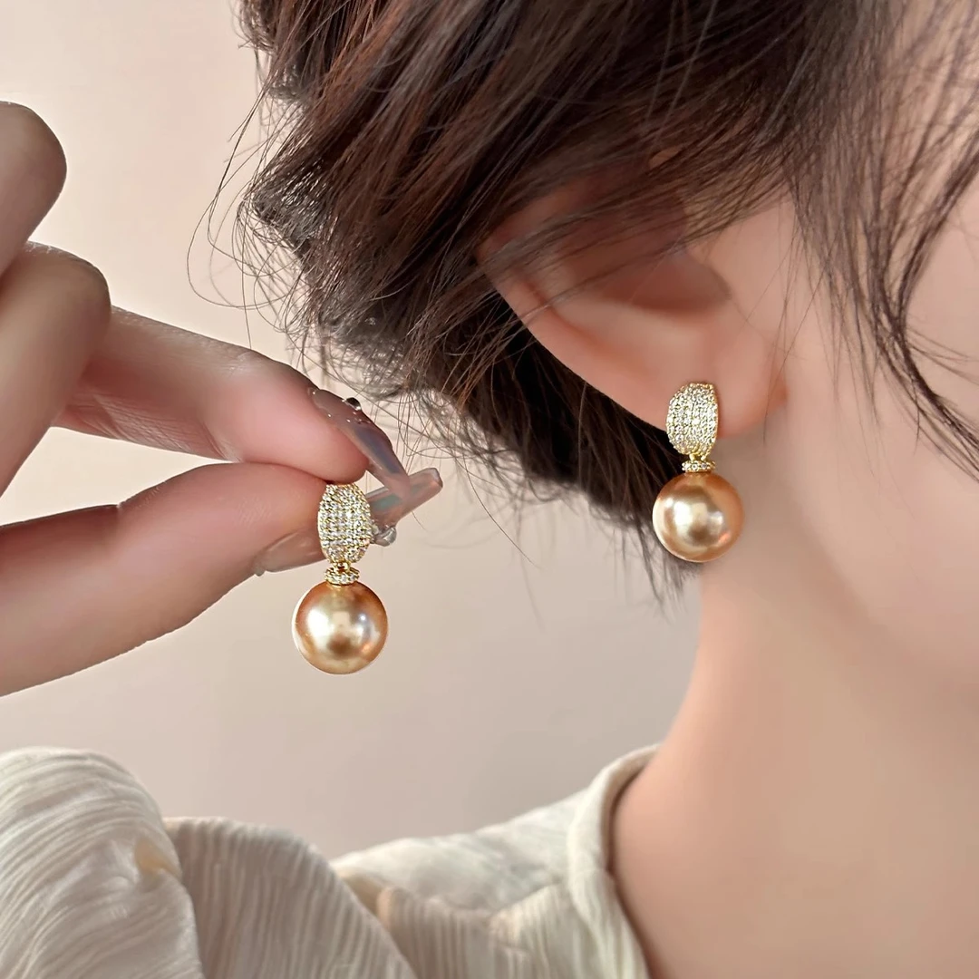 锌合金合成锆石耳饰 美拉德摩卡金棕珍珠耳钉女秋冬复古耳环时尚