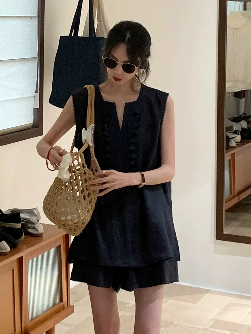 韩系立体流苏无袖衬衫短裤套装亚麻女2025夏两件套 28190