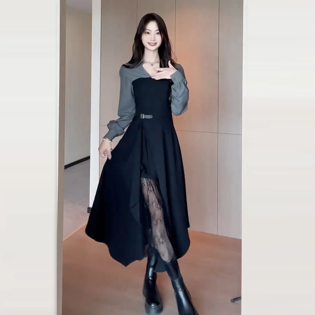 法式赫本风假两件黑色连衣裙子女早秋装秋季新款高级收腰拼接长裙