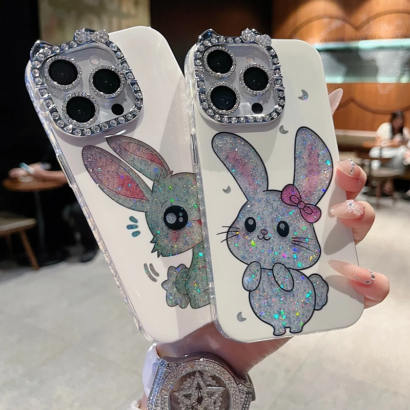 适用苹果系列iPhone新款手机壳开心粉兔猫耳型满边钻框闪钻镜头膜