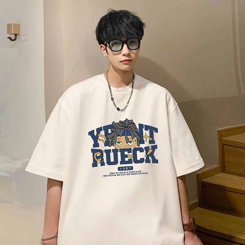 短袖t恤男日系潮牌重磅纯棉半截袖宽松休闲美式字母印花体恤夏季