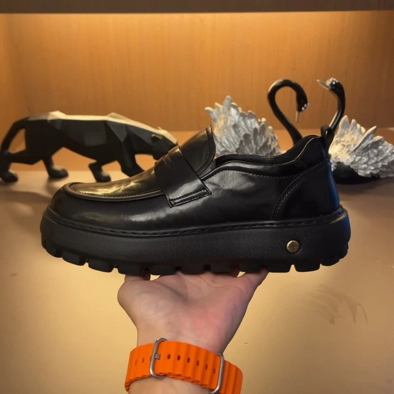 ST5395头层牛皮真皮男鞋防滑增高休闲皮鞋厚底一脚蹬乐福鞋潮鞋子