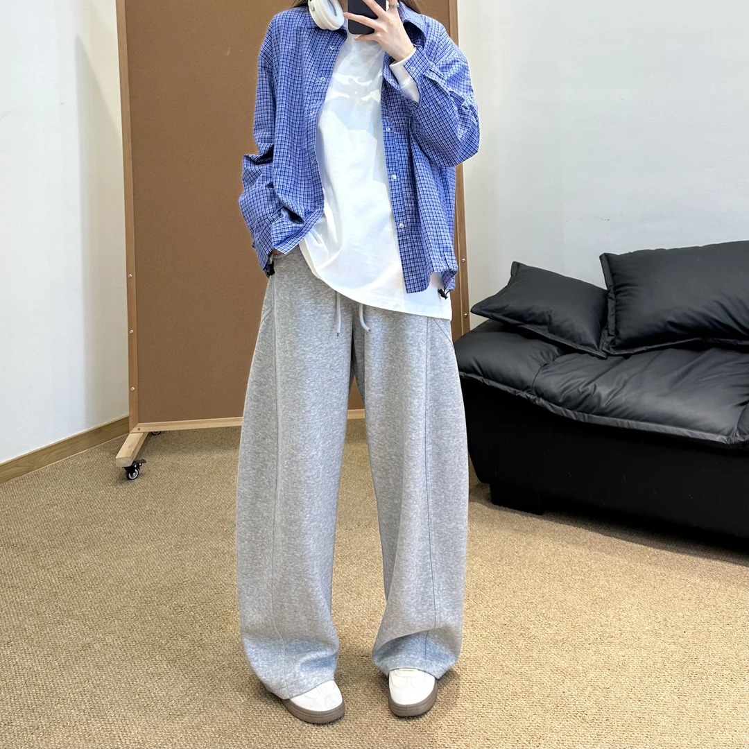 美式高街运动休闲裤卫裤秋冬厚款弯刀休闲裤男潮流宽松直筒阔腿裤