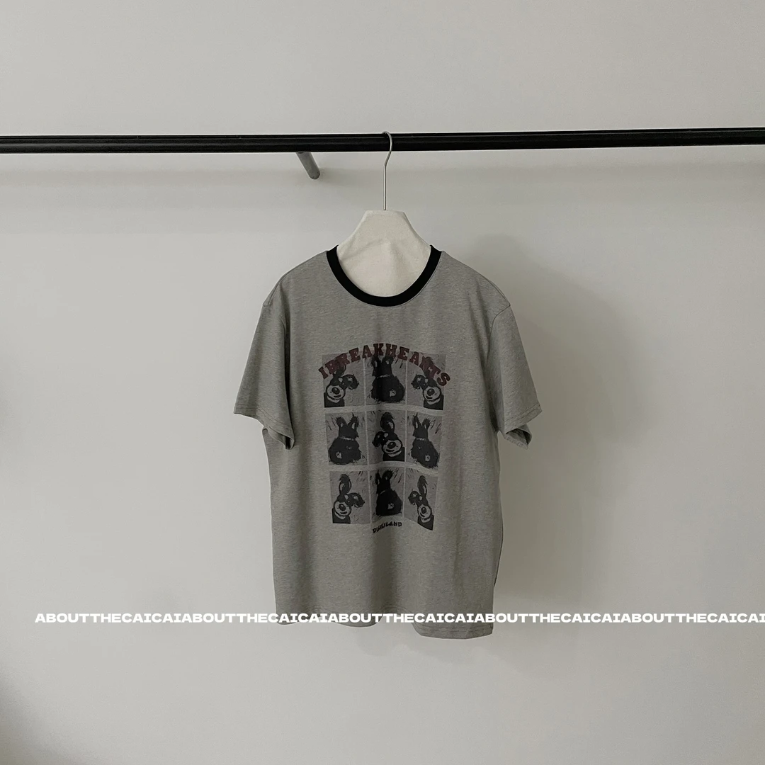 CAICAI美式复古卡通印花短袖T恤女夏季新款休闲宽松百搭撞色上衣
